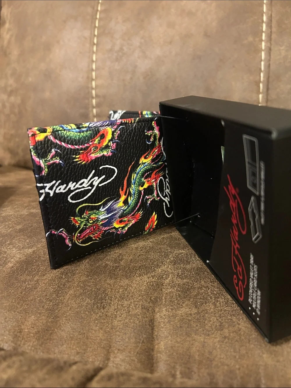 Ed Hardy True Wireless Earbuds - Black with Multicolor Design & Men Wallet